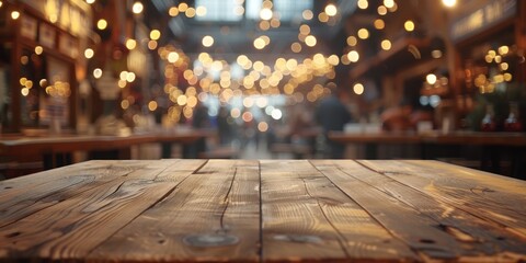 Wall Mural - Wooden table stands at forefront of blurred cafe interior embodying perfect of functionality and aesthetic allure smooth polished surface bathed in soft light invites array of products