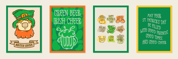 Wall Mural - St Patricks Day printable poster set in doodle style, hand-drawn charming Irish-themed icons and elements.