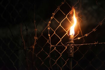 Wall Mural - lit torch behind a barbedwire fence in the dark