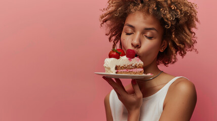 Young slim girl lick her lips from temptation, looking at delicious piece of cake with yearning to bite it, standing with dessert against pink background.