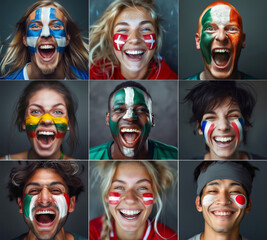 Multi National teams Fans with painted own country flags faces colors smiling laughing excited Roaring Supporting their favorite team straight at camera. Active sport fans movement and emotion collage