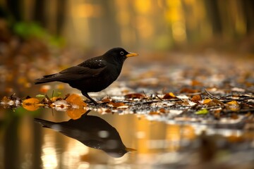 Canvas Print - blackbird with reflections in a forest floor puddle