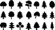 © WaQar - Trees flat icons set. Plants, landscape design, fir tree, succulent, privacy shrub, lawn grass, flowers black vector collection isolated on transparent background. tree simple silhouettes nature.