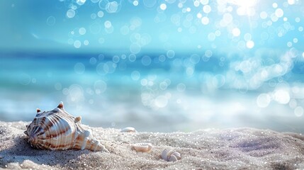 Wall Mural - Shell on sand at beach and blue sky and bokeh sea