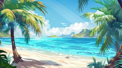 Sunny tropical beach with palm trees and turquoise water, island vacation, hot summer day