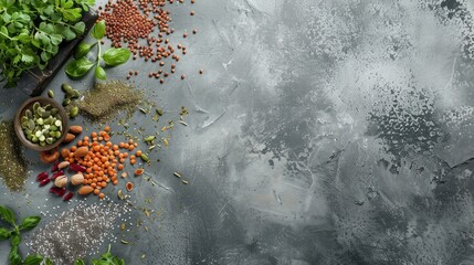 Wall Mural - Superfoods on a gray background with copy space. Nuts, beans, greens and seeds. Healthy vegan food.