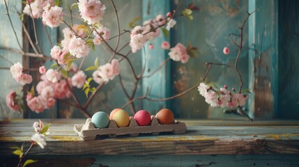 Wall Mural - Happy Easter! Easter eggs on rustic table with cherry blossoms. Natural dyed colorful eggs in paper tray on wooden board and spring flowers in rustic room.