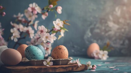 Wall Mural - Happy Easter! Easter eggs on rustic table with cherry blossoms. Natural dyed colorful eggs in paper tray on wooden board and spring flowers in rustic room.