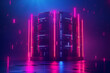 High-tech data center with neon pink and blue lights in a futuristic design