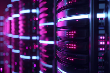 Data center racks with vibrant pink and blue lights representing network and database concept