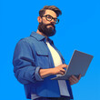 Digital artwork of a man in blue working on a laptop