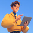 Cheerful young man presenting with a tablet in hand