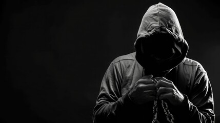 silhouette of handcuffed male in hoodie, dangerous criminal punished by law