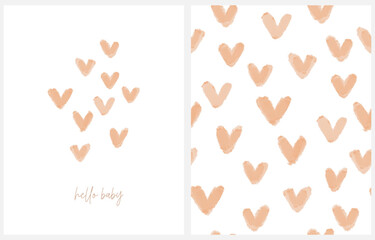 Wall Mural - Watercolor Painting-like Baby Shower Prints. Hello Baby. Cute Vector Card and Seamless Pattern with Brown Hearts on a White Background. Trendy Art for Newborn   Babies Party. Baby Shower Prints. RGB.