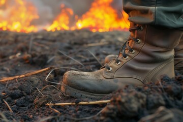 Wall Mural - closeup of boots on scorched earth with flames behind