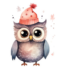 Wall Mural - Watercolor owl in a red beanie isolated on white background.