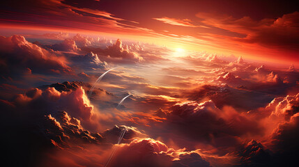 Wall Mural - Clouds surrounded by orange light of sunset resemble fiery flames that flashed in heave