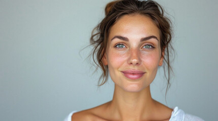 happy attractive confident young adult or mid aged european woman posing for beauty aesthetic portra