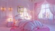 A pink bedroom with a bed and a chandelier