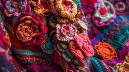 Wall Mural - A bunch of crocheted flowers are on display