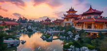An Oriental Palace With Red Roofs And A Koi Pond, Against A Soft, Pastel Dawn Sky