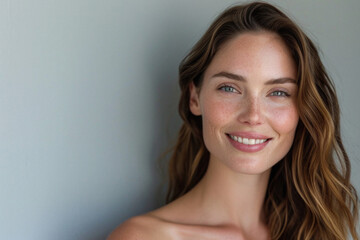 happy attractive confident young adult or mid aged european woman posing for beauty aesthetic portra