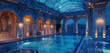 A luxurious baroque house next to a pool under an acrylic roof, set against a background of deep, royal blue