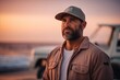 Portrait of a handsome bearded man in a cap standing on the pier at sunset