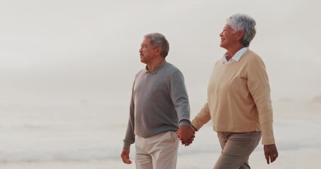 Sticker - Senior couple, holding hands and walk at beach with love, care and connection for relationship on vacation. Elderly man, old woman and people with romance, memory and holiday by sea in retirement