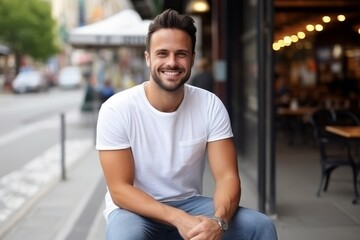 Wall Mural - Portrait of a handsome young man sitting on a bench in a city