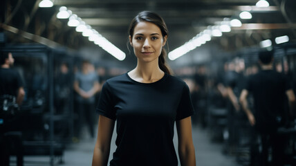 Wall Mural - woman business owner in black t-shirt standing in industrial plant