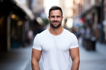 Wall Mural - portrait of a handsome young man in the city, wearing a white t-shirt