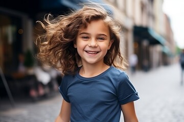 Poster - Portrait of a cute little girl with flying hair on the street