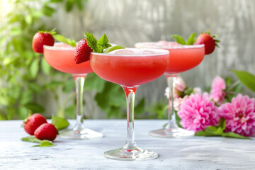 Wall Mural - Fresh summer cocktail with strawberry and ice cubes. Glass of strawberry drink on dark background. Set of classic cocktails. Cold summer drink. Sparkling glasses with berry cocktail