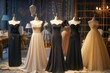 assorted strapless evening dresses on display with shops decor in background