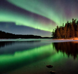 view of a lake with northern lights in the sky