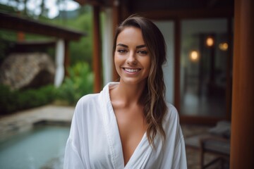 Poster - Portrait of a beautiful young woman in white bathrobe standing by the pool