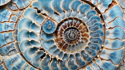 Abstract unreal fossilized light blue ammonite spiral pattern shell embedded into rock with intricate detailed surface ridged texture.