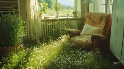 Wall Mural - Comfortable minimalist interior overgrown with grass and flowers. Sunlight from the window. Green lifestyle. A harmonious room with grass, flowers and plants inside.