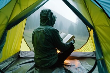 Wall Mural - single hiker reading book inside brightly lit tent, rainy outside