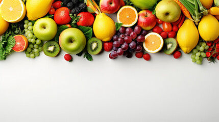 Wall Mural - different colored fruits row on white background.