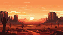 Vector Illustration Of Sunset Desert Landscape. 