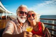 A happy couple of retirees enjoying a cruise vacation. Portrait of pensioners, people on vacation, retirees.