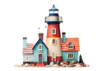Bright Keepers' Cottage At Coastal Lighthouse Isolated On Transparent Background