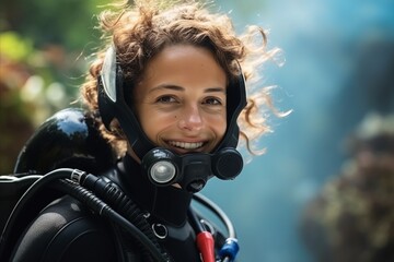 Sticker - Portrait of a beautiful young woman wearing scuba gear and looking at camera