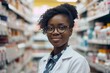 A smiling woman with a confident gaze, dressed in a white coat and glasses, browses the shelves of an indoor store, exuding professionalism and sophistication