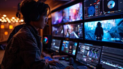 Wall Mural - behind-the-scenes look at a cloud-powered film production, highlighting collaborative creativity