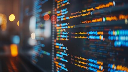 Wall Mural - computer programming code displayed on a monitor, with out-of-focus colorful bokeh lights creating a