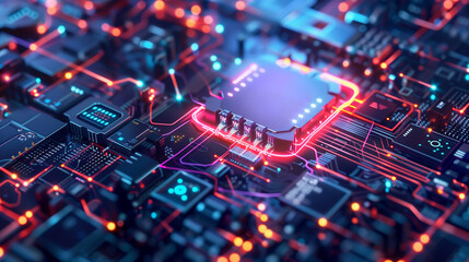 Close-up of a vibrant illuminated circuit board with a central processing unit with a blank space for a logo, showcasing intricate technology and modern engineering.