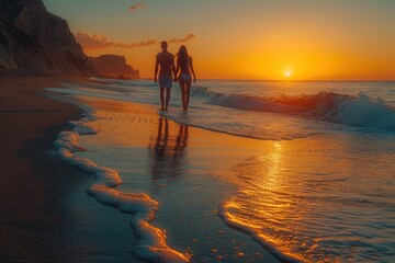 Poster - An in love couple on a romantic beach walking hand in hand along the shoreline at sunset.